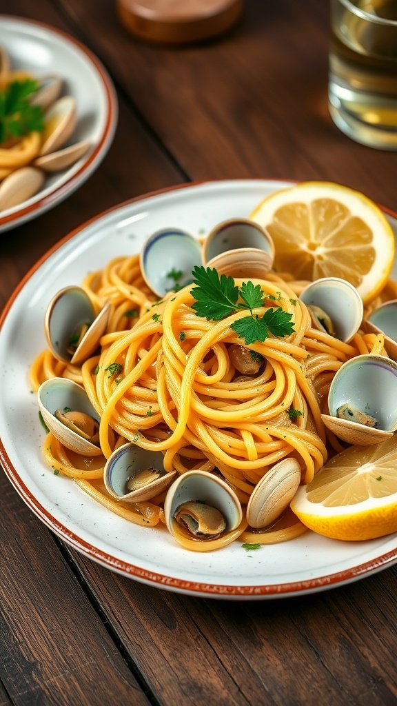 Clam shell pasta with clams, garlic, white wine sauce, and parsley on a rustic wooden table.